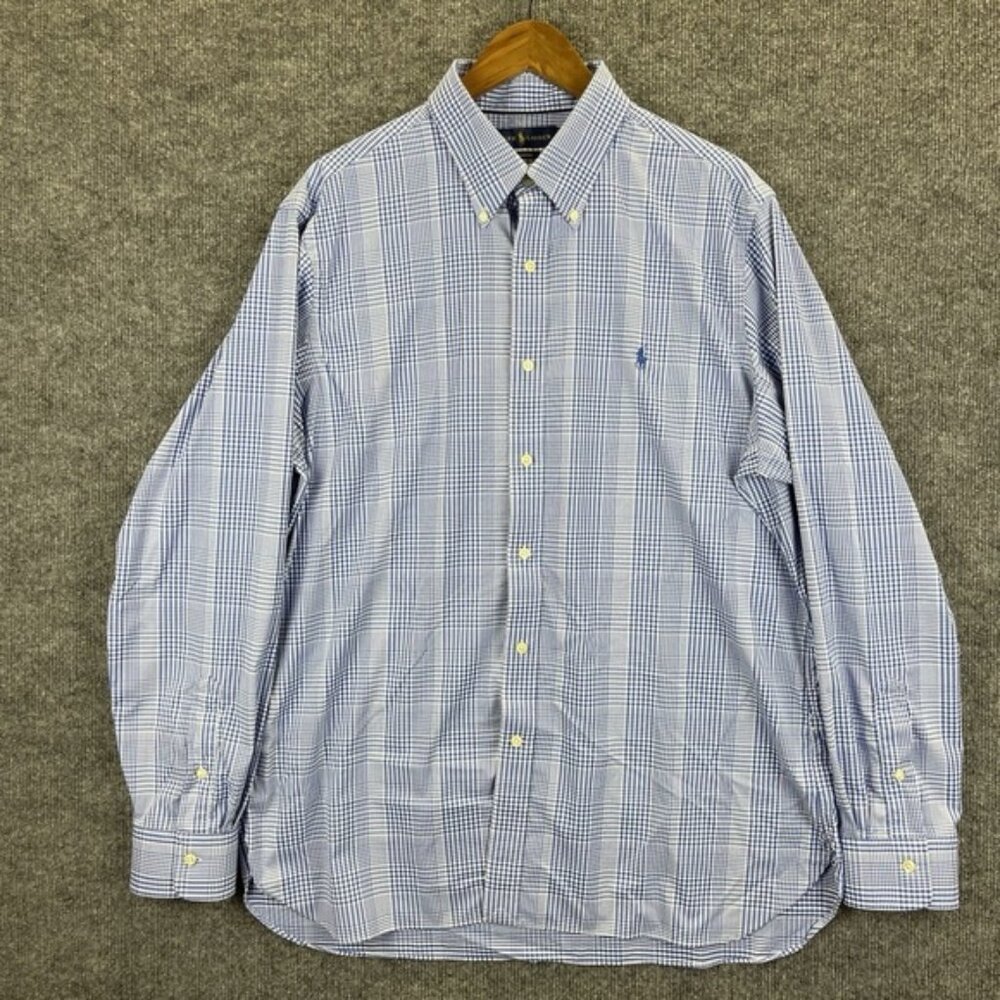 Ralph Lauren Shirt Mens XL Blue White Check Long Sleeve Button Up